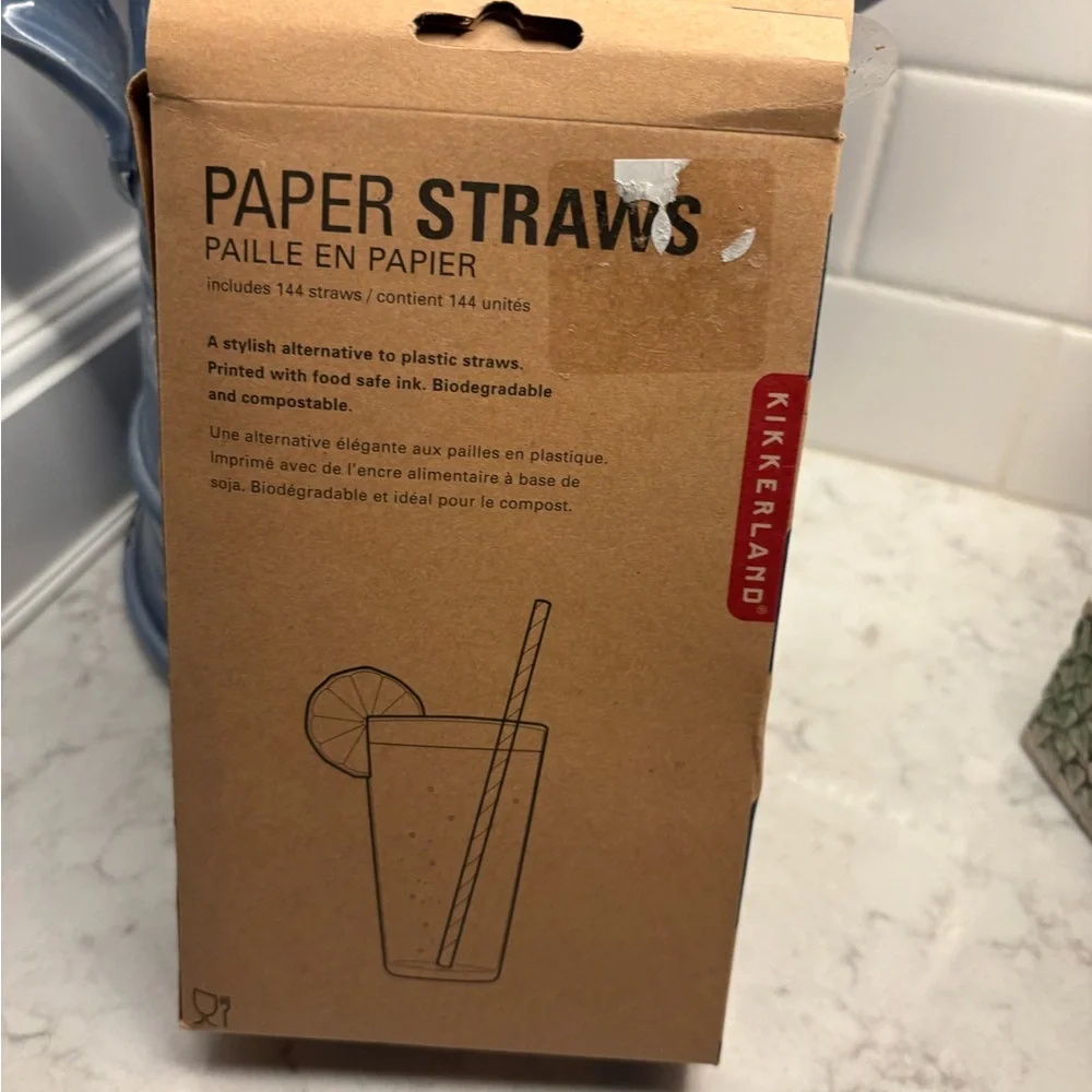 144 Kikkerland Blue & White Striped Paper Straws - Pack of 144